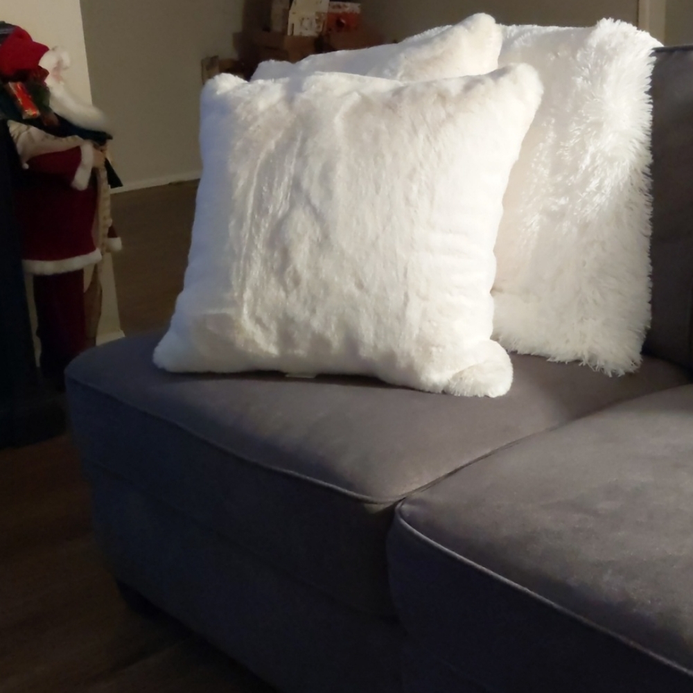 White Costco Faux Fur Pillows